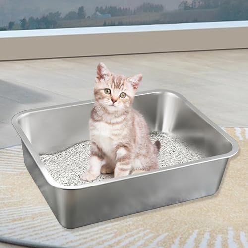 XXL Katzenklo,Großes Katzentoilette 50 * 35 * 15 cm Niemals Gerüche, Rostfrei, Antihaft Glatte Oberfläche, Edelstahl Katzenklo Fassungsvermögen für Leichtere Reinigung (Silber, 50 * 35 * 15 cm)