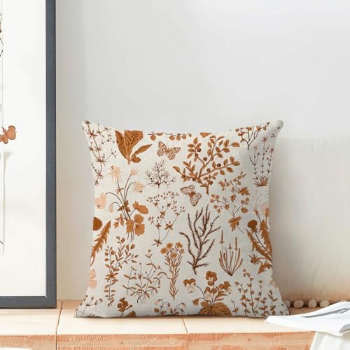 Image of AEIOAE Fall Pillow Covers 24x24 Inch Set of 2,Burnt Orange Wild Flower Plant Throw Pillows Case,Seasonal Floral Outdoor Decorative Square Linen Farmhouse Decor Cushion Covers for Home Sofa Bed Couch
