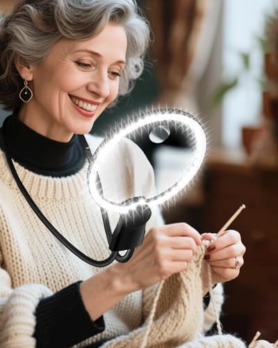 Hands Free Magnifying Glass with Light, 5X 15X Lighted Neck Magnifier for Craft Cross Stitch Needlepoint Needlework Sewing Embroidery Reading, Magnifying Glasses for Close Work, Low Vision Seniors
