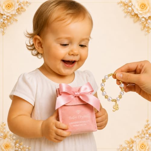 Image of Baby Crystals 14K Gold Plated Personalized Initial Bracelet for Baby Girl with Freshwater Pearls - Newborn Infant Toddler Teen, Birthday Baptism Baby Shower Jewelry Gift