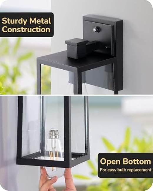 EDISHINE Dusk to Dawn Outdoor Wall Light, 2 Pack Outdoor Light Fixtures Wall Mount, Modern Exterior Lighting Fixtures, Clear Glass, Black Outside Wall Lantern for Front Door, Garage, Patio, Yard