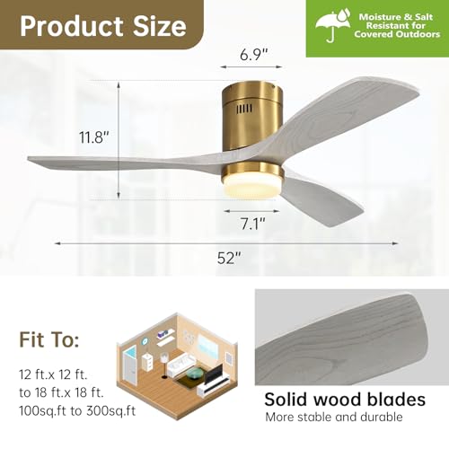 Image of Sofucor 52 Inch Low Profile Ceiling Fan with Light and Remote, Flush Mount