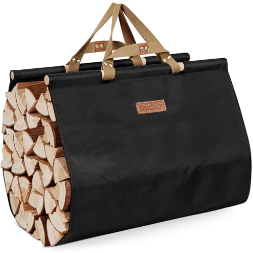 Zettfuly Firewood Carrier with Handles - Log Carrier for Firewood, Woods Carrier for Firewoods Tote Bag 38x19in, Water Resistant Log Tote Wood Carrying Bag, Wood Stove Accessories, Black