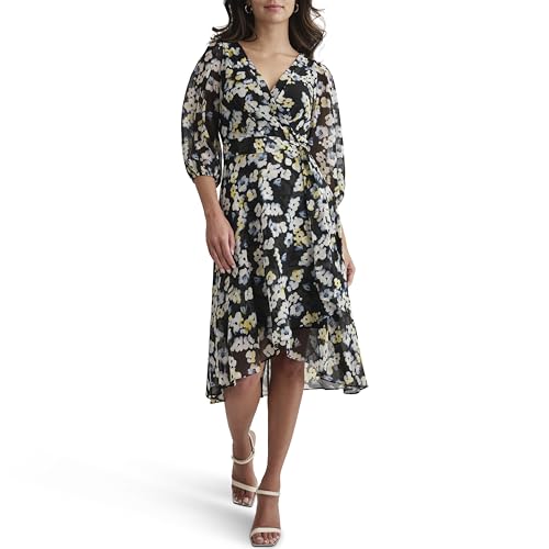 Image of DKNY Women's Chiffon Balloon Sleeve Faux Wrap Midi Dress with High-Low Hem
