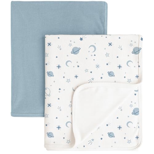 Image of Konssy Knit Baby Blanket 2 Pack, Soft Ribbed Swaddle Receiving Blankets for Boys & Girls, Lightweight Cozy Swaddling Wrap for Newborns, Infants, & Toddlers, 33x42 Inch (Star,Blue)