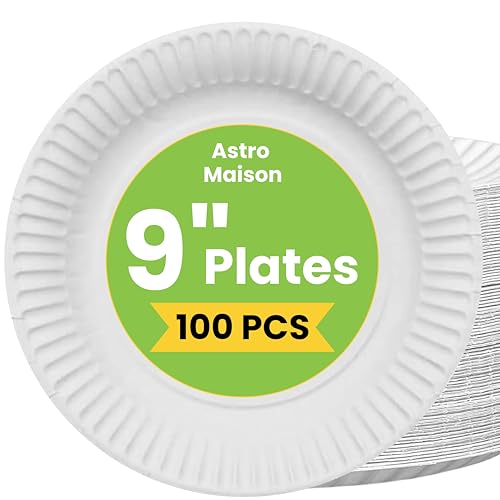 Astro Maison 100 Pack Paper Plates 9 inch | Biodegradable Disposable Plates for Parties, BBQs, Picnics | Eco Friendly Compostable White Paper Plate | Leak Resistant & Microwave Safe