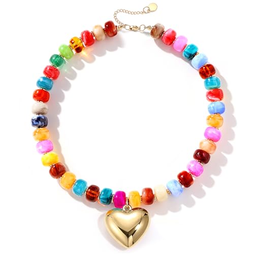 Collier ras du cou tendance bohème coloré en résine et gros pendentif cœur