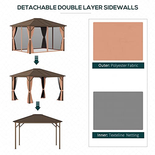 Outsunny 10' X 12' Hardtop Gazebo Canopy With Galvanized Steel Roof, Aluminum Frame, Permanent Pavilion Outdoor Gazebo With Hooks, Netting And Curtains For Patio, Garden, Backyard, Brown #TOP4