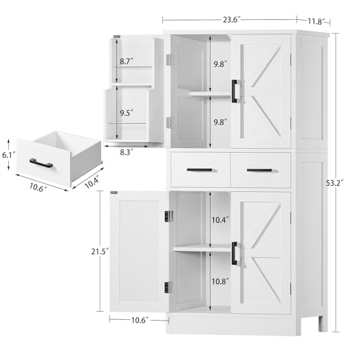 Image of TEENFON Pantry Cabinet with 2 Drawers, Kitchen Storage Cabinet with 4 Door Shelves, Kitchen Pantry for Living Room, Dining Room, Bathroom, White
