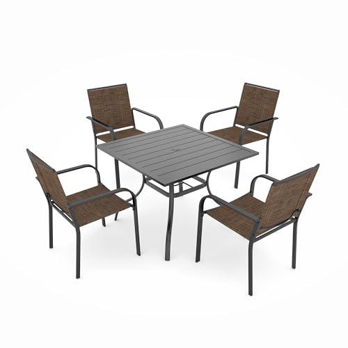 Image of Anmutig 5 Piece Patio Dining Set, Outdoor Stackable Chairs and 35 inch Square Metal Patio Table with 1.57 inch Umbrella Hole for Garden Backyard Deck, Brown