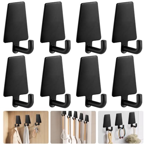 ADERTOS 8 Pack Self Adhesive Hooks Stainless Steel Stick on Hooks Heavy Duty Wall Door Hooks Sticky Coat Hooks Bath Towel Hooks Waterproof Robe Hooks Hangers for Bathroom Shower Kitchen, Black