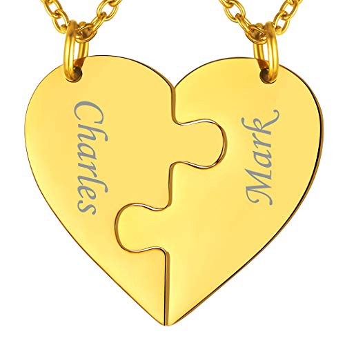 Suplight Collier Coeur Amour Mariage Prénom Personnalisable Pendentif Puzzle Plaqué Or pour 2 Pendentif Coeur Moitié Personnalisable Chaîne Fine Réglable...