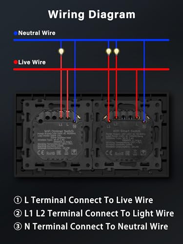 BSEED Smart Lichtschalter mit WiFi Dimmer Schalter,LED Dimmschalter Unterputz,Kompatibel mit Alexa&Google Home,Smarte Zeitpläne,2 Fach 1 Weg Wlan Wandschalter Schwarz(Neutralleiter Erforderlich)