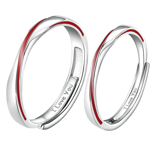 BCughia Anillo Plata de Ley 999 Ajustable, Anillos Compromiso Pareja Línea Roja Mobius Grabado I Love youAnillo de Boda Promesa