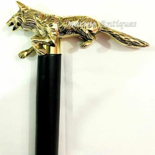 Unique Designer Brass Wolf Handle Black Wooden Walking Stick – Vintage Victorian Antique Cane – Collectible Gift for Men and Women