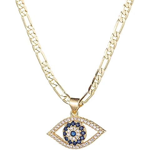 Evil Eye Necklace for Women | 18K Gold Plated Cubic Zirconia Inlay Evil Eye Pendant Necklace | 3mm Figaro Chain Necklace 18/22 inches Cover
