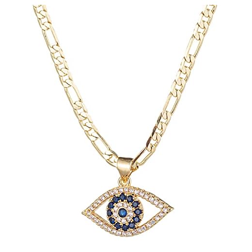 kelistom Evil Eye Necklace for Women | 18K Gold Plated Cubic Zirconia Inlay Evil Eye Pendant Necklace | 3mm Figaro Chain Necklace 18/22 inches