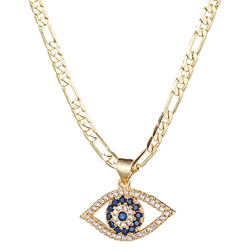kelistom Evil Eye Necklace for Women | 14K White Gold Plated Cubic Zirconia Inlay Evil Eye Pendant Necklace | 3mm Figaro Chain Necklace 18/22 inches