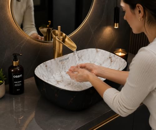 Image of OSOSAM Premium Designer Table Top Ceramic Wash Basin /Vessel Sink with Slim Rim for Bathroom (18 x 13 x 5.5 Inch) (OS-Double Color-157)