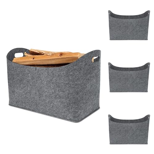 Froadp Lot de 4 sacs en feutre pour bois de cheminée, sacs à provisions en feutre multifonctionnels, panier à bûches de cheminée pliable avec poignées renforcées, capacité de charge jusqu'à 60 kg,