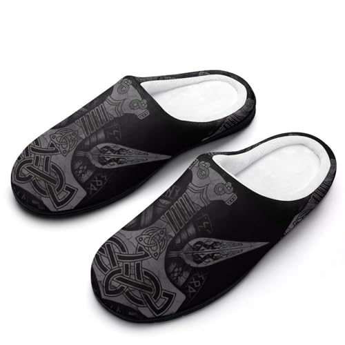 Nordic Individuality Interesting Thor's Hammer Pattern Flat Slippers, Men's Warm Furry Home Cotton Closed Toe Slippers, Classic Rubber Sole Slippers2