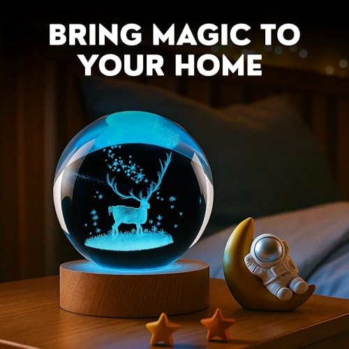 Image of 2 Pcs 3D Deer and Galaxy Crystal Ball Night Light | USB Powered LED Table Light, Enchanting LED Table Decor with Wooden Base Perfect for Home, Bedroom & Office Decor