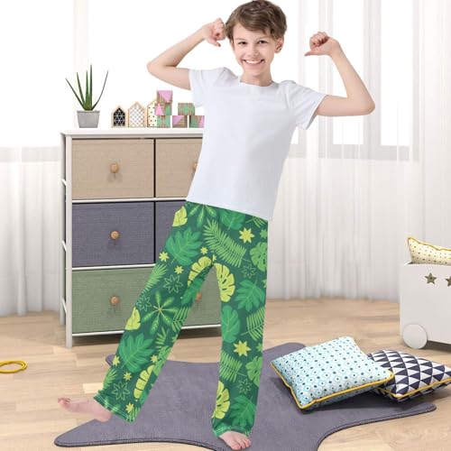Boy's Pj Pants Yellow Green Tropic Leaf Lounge Bottoms Elastic Waist Kids Joggers with Pockets Size 6-144
