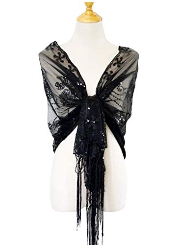 L'vow Women's Glittering 1920S Scarf Mesh Sequin Wedding Cape Fringed Evening Shawl Wraps(Black) #TOP2