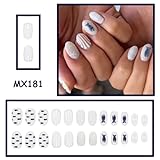 Short Oval Press on Nails Cute Summer Fake Nails, Blue Fish & Starfish & Plaid Designs, Glossy Acrylic False Nails for Women, Reusable Stick on Nails for Summer Beach Manicure 24Pcs