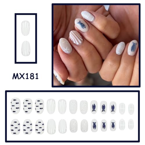 Short Oval Press on Nails Cute Summer Fake Nails, Blue Fish & Starfish & Plaid Designs, Glossy Acrylic False Nails for Women, Reusable Stick on Nails for Summer Beach Manicure 24Pcs