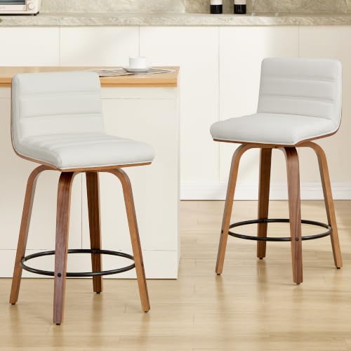 Image of Swivel Bar Stools Set of 2,26 inch Faux Leather Counter Height Barstools with Back,Mid Century Modern Upholstered Bar Chairs with Bentwood Legs Island Stools for Kitchen Counter White