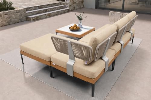 Image of PURPLE LEAF Patio Furniture Set Outdoor Sectional Sofa with Fade-Resistant Cushions Wicker L-Shaped 4 Pieces Aluminum Conversation Sets with Ottoman for Balcony Yard Garden Poolside, Khaki