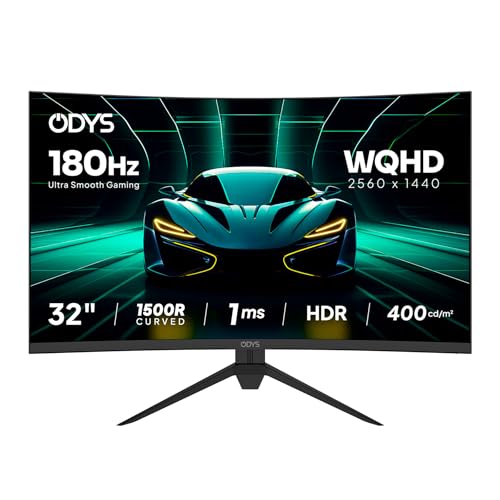 ODYS XP32 PRO-X - Curved Gaming Monitor 32 Zoll (80 cm), 180 Hz, WQHD (2.560x1.440 px), 1ms Reaktionszeit (MPRT), 400 cd/m², HDR, 1500R, FreeSync/G-Sync, 120% sRGB, Eye Care, 2X HDMI, 2X Display Port
