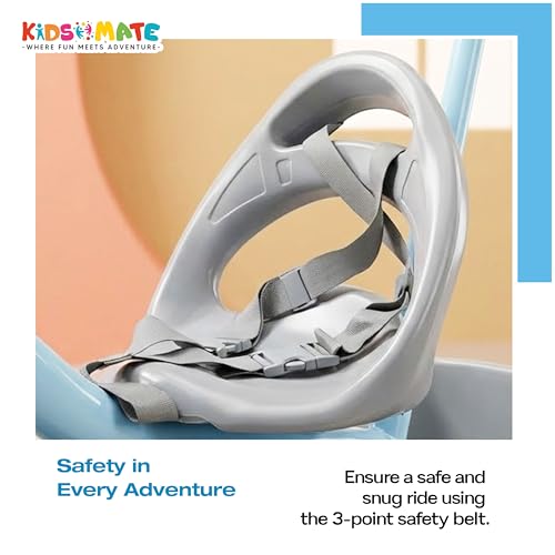 Image of Kidsmate Junior Tricycle for Kids with Parental Control | Cycle for Kids 1-4 Years | Baby Cycle | Bicycle with Storage Basket, Cushion Seat and Seat Belt Carrying Capacity 30 Kgs (Blue-Grey)