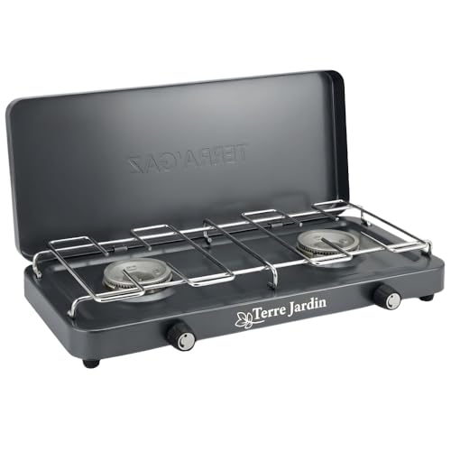 TERRE JARDIN Réchaud de Camping 2 Feux à Gaz - Gazinière Portable avec Couvercle - Plaque de Cuisson Double Brûleur pour Camping, Bivouac et Extérieur