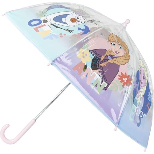 Paraguas de Burbuja Frozen,Manual,Estampado de Elsa,Anna y Olaf,100% POE con Estructura de Fibra de Vidrio,Producto Original Diseñado en España