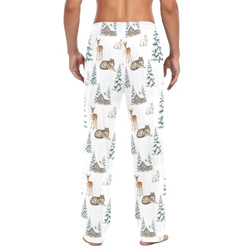 Men's Pajama Bottom Winter Forest Animals Pattern Cotton Pajama Pants Drawstring Sleepwear Long Pants Pockets3