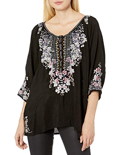 Johnny Was Women's Rayon 3/4 Sleeve Scoop Neck Embroidered Blouse, Black, M