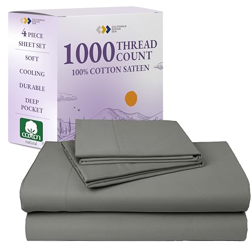 California Design Den Queen Sheets Set - Luxury 1000 Thread Count Sateen, Thick and Natural 100% Cotton Sheets, Deep Pockets, Soft, Breathable and Durable Bedding Set - Grey