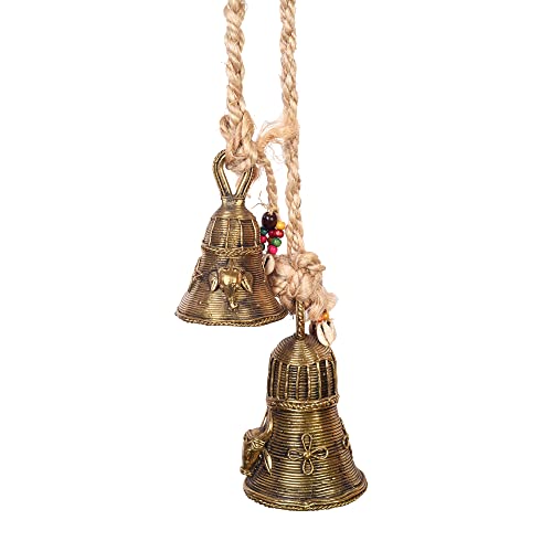 Image of Aakriti Art Creations Handcrafted Golden Dhokra Brass Bells with Animal Motifs | Handmade Dhokra Art with Jute & Wooden Beads | Decorative Indoor & Outdoor Hanging for Home, Balcony & Gifting
