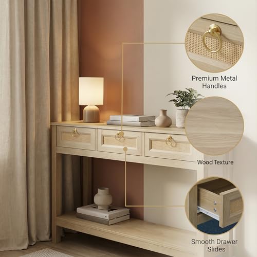 Image of Console Table for Entryway, 3 Drawers Console Table with Storage, Brown Wooden Console Table with Real Rattan & Gold Handles, Modern Console Tables for Living Room Decor, Bedroom, Hallway | DIY