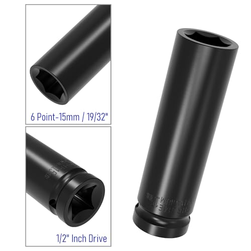 Image of 1 /2 inch Inch Drive by 15mm(19 /32 inch) Deep Impact Socket, Heat-Treated CR-V Steel 3 Inch Length, 6-Point Metric Sizes