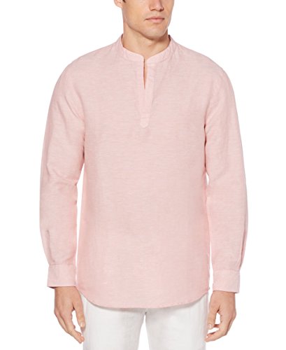 PERRY ELLIS Men's Long-Sleeve Solid Linen Cotton Popover Shirt, Himalayan Pink, Medium