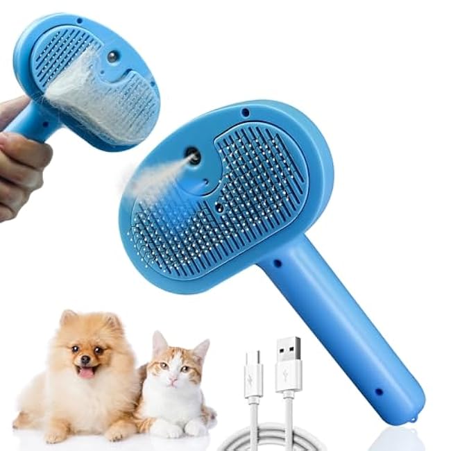 5-in-1 Pet Steam Brush for Cats & Dogs ¨C Grooming, Shedding, Massage & One-Touch Clean for Short & Long Hair Pets ¨C Electric Cat Brush with Comb & Steam (Blue)-fjFajwKO