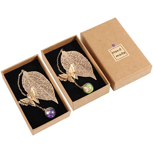 2Pcs Marcapáginas de Plumas de Metal Marcapáginas de hoja con Hermosos Mariposa 3D y Perlas de Vidrio Colgante de Flor Seca Eterna para amantes de los libros, mamá, mujer, niña