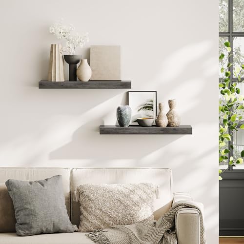 Image of HOOBRO Floating Shelves for Wall, Wall Mounted Shelf Set of 2, 23.6 inch Hanging Shelf with Invisible Brackets, for Wall Decor Storage in Bathroom Bedroom Kitchen Livingroom Office, Charcoal Gray BC60BJ01