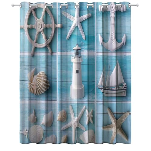 Rideaux opaques à œillets bleu effet grain de bois marin