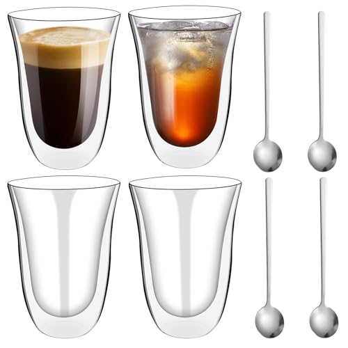 WANDGU 4 Pièces 300 ml Tasses Double Paroi: Tasse Cappuccino Verre Double Paroi, Tasse Double paroi Verr e, Mug Verre Café Borosilicate, Tass e a Thé Latte Cappuccino pour Noël, Anniversaire, Thé