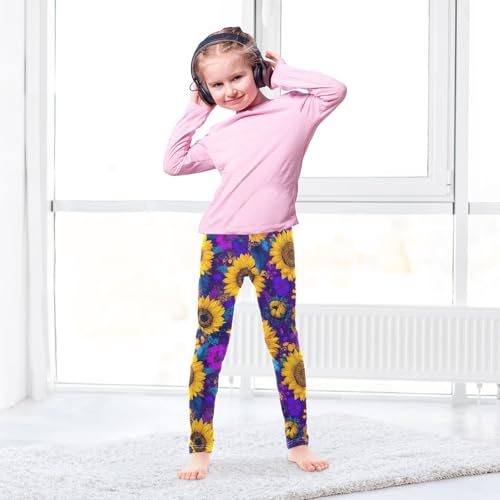 Bright Sunflower Purple Flowers Girls Leggings Soft Stretch Workout Yoga Dance Pants for Kids Casual Tights4