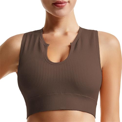 Getheyshape Crop Top, Camiseta deportiva sin costuras con cuello en U, sexy, sin mangas, cómoda y ligera, camiseta de compresión para mujer, marrón, M